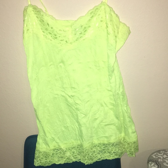 neon yellow/green sheer tank top with lace edging - Picture 1 of 4